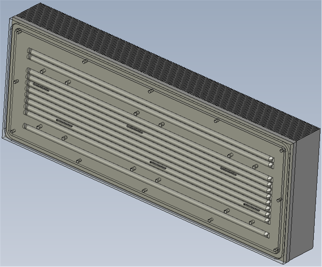 Two structural variants of skived-fin embedded heat pipe heatsink prototypes for 60W testing Two structural variants of skived-fin embedded heat pipe heatsink prototypes for 60W testing