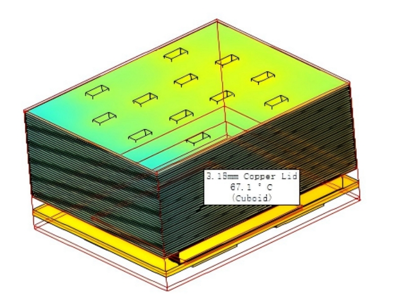 CFD-simulated thermal distribution of a 500W AMD EPYC processor under active air cooling, showing optimized temperature uniformity across the CPU surface.